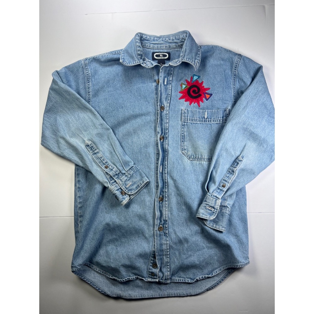 Three Rivers Denim Button Down Shirt MenS Blue Embroidered Southwest Sun Graphic